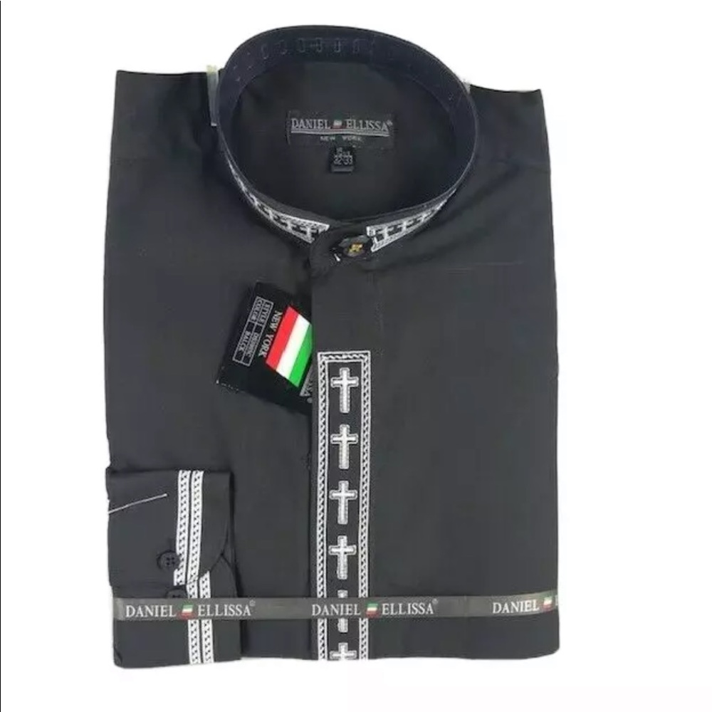 Daniel Ellissa Men's Black Clergy Shirt White Cross Embroidered Convertible Cuff